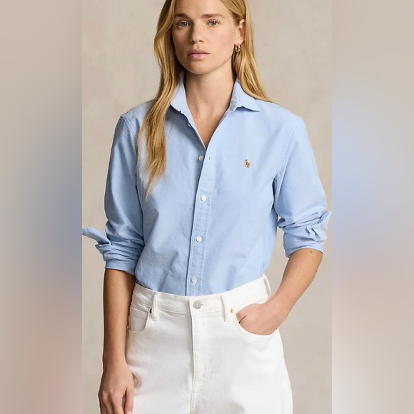 Ralph Lauren Women's Blue Cuffed V Neck Button up Top Navy Size X-Large